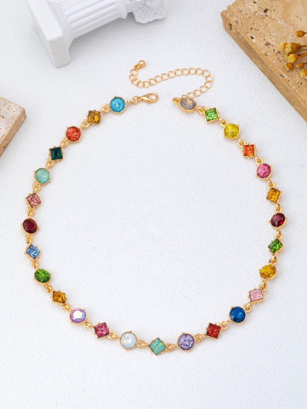 Vibrant Prism: Mixed-Shape Rainbow Crystal Station Necklace - Bella Blossom Boutique