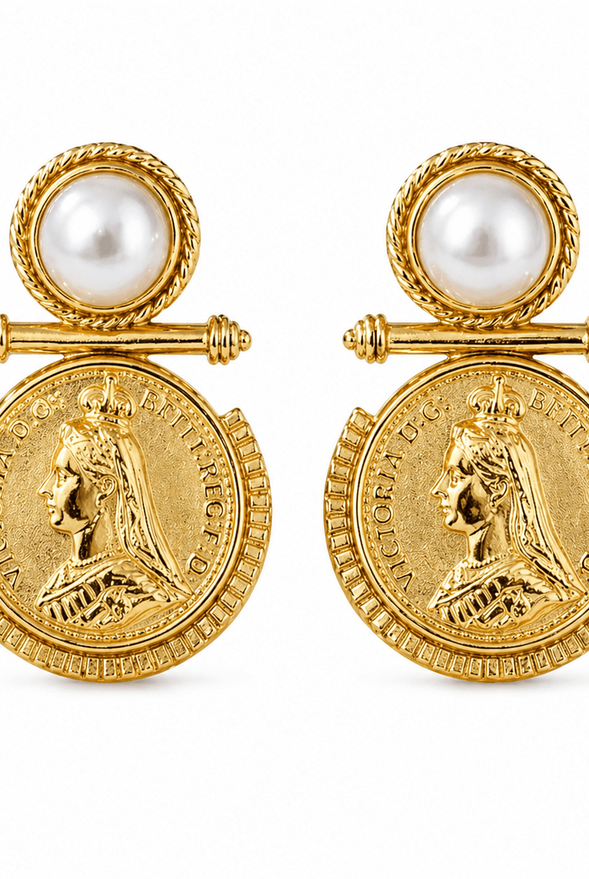 Victoria Regal English Coin & Pearl Drop Earrings | Waterproof Vintage Gold - Bella Blossom Boutique
