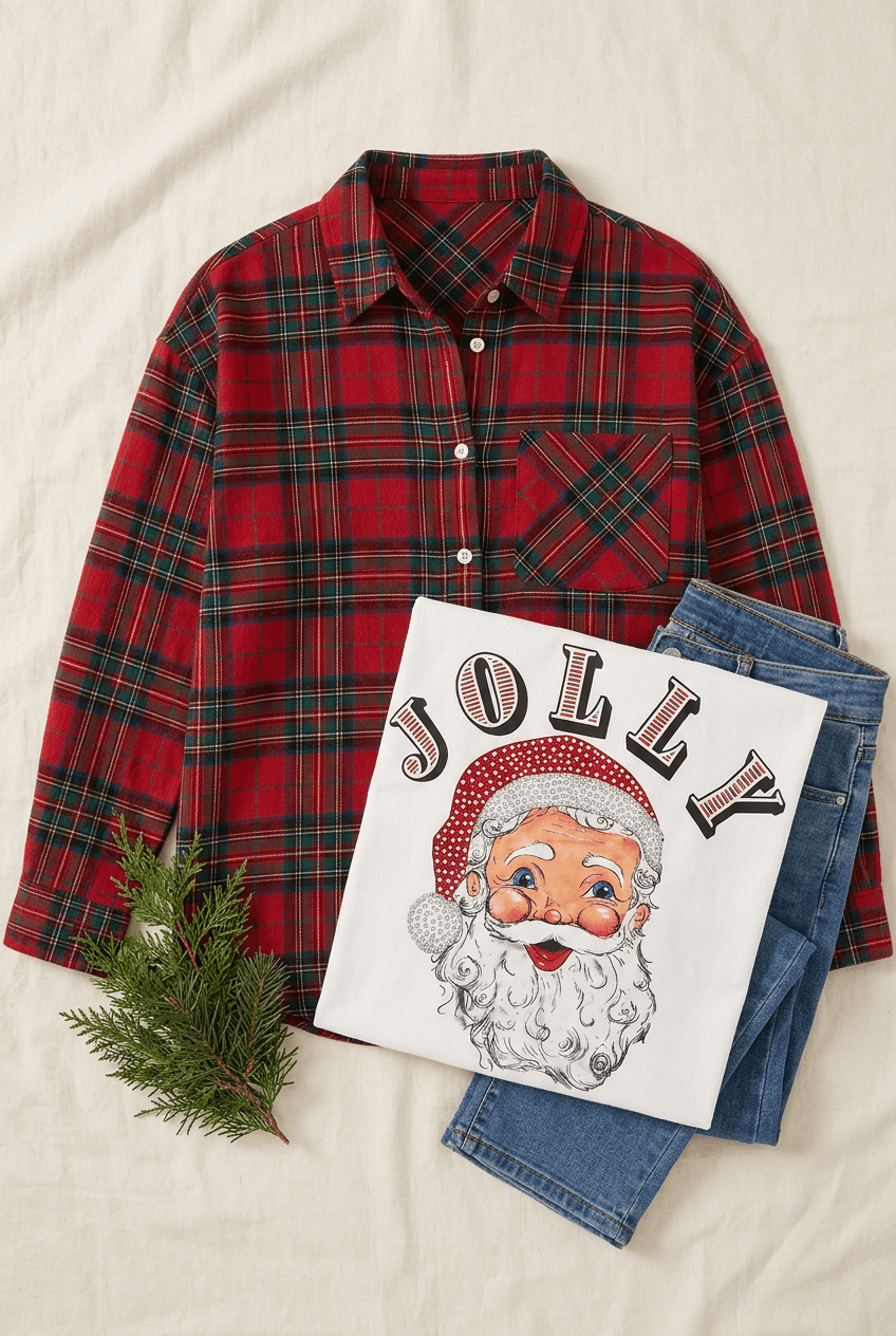 Vintage Jolly Santa Rhinestone Plaid Flannel Button-Up - Bella Blossom Boutique