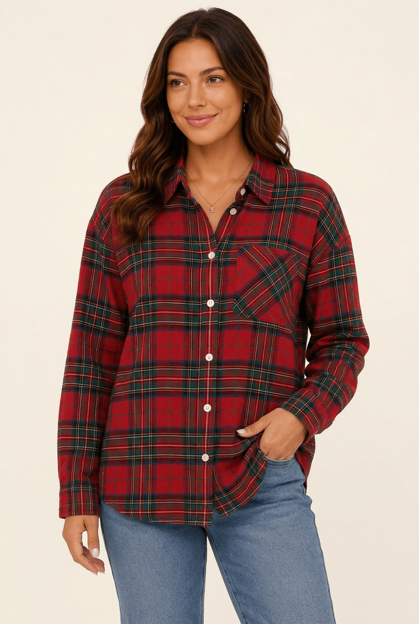 Vintage Jolly Santa Rhinestone Plaid Flannel Button-Up - Bella Blossom Boutique