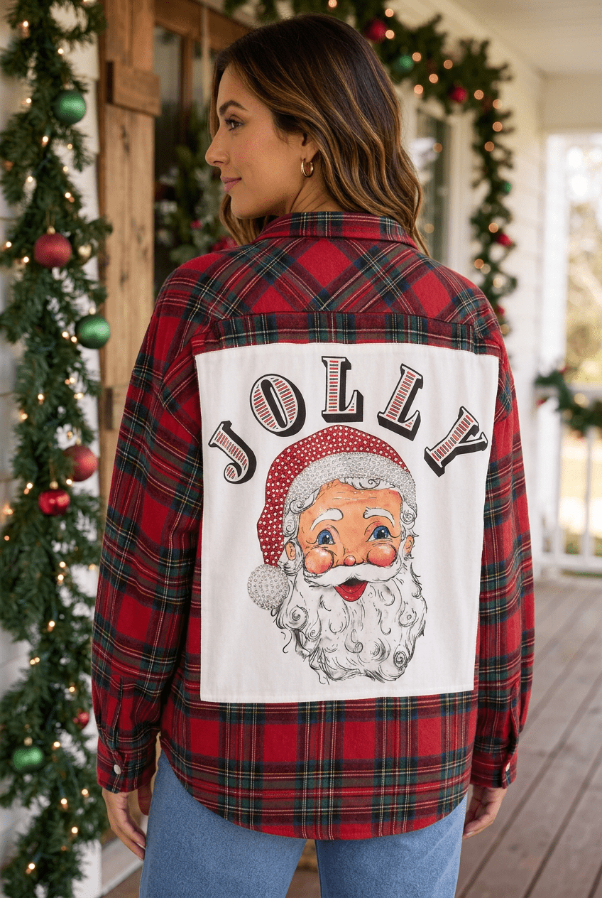 Vintage Jolly Santa Rhinestone Plaid Flannel Button-Up - Bella Blossom Boutique
