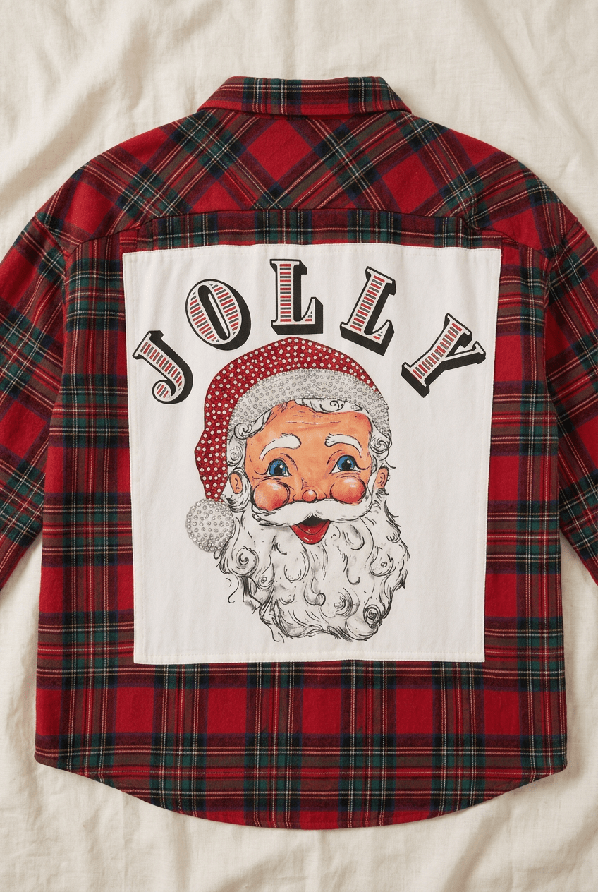 Vintage Jolly Santa Rhinestone Plaid Flannel Button-Up - Bella Blossom Boutique