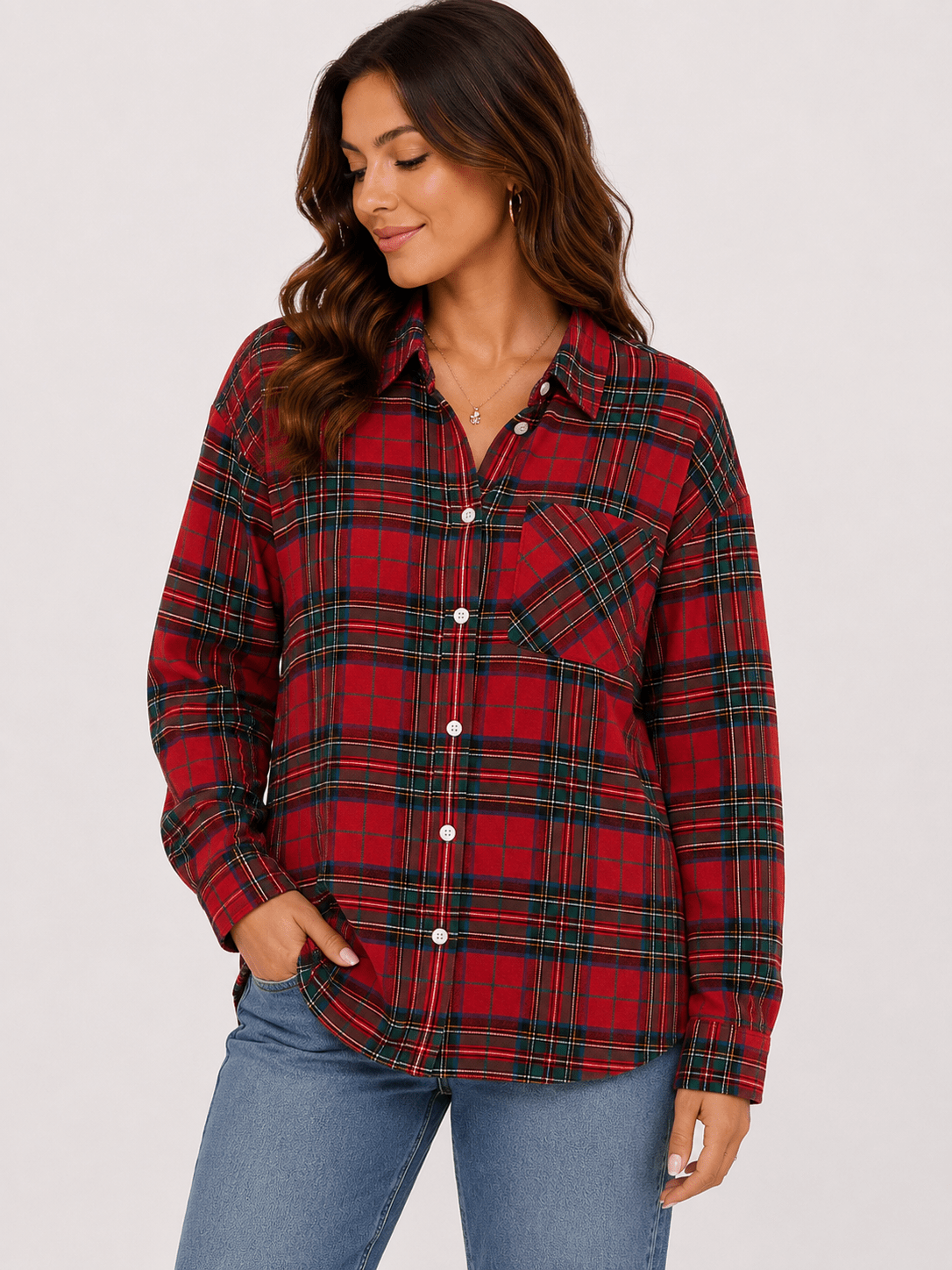 Vintage Jolly Santa Rhinestone Plaid Flannel Button-Up - Bella Blossom Boutique