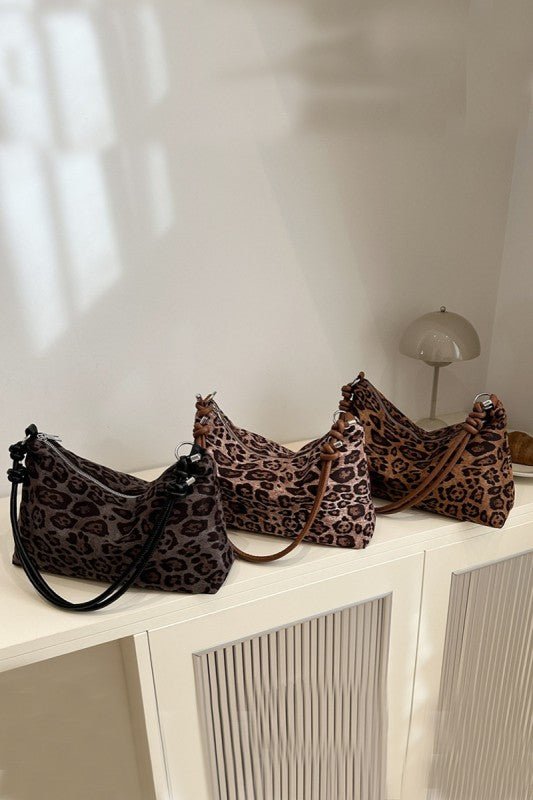 Vintage Leopard Faux Suede Shoulder Bag – Chic Animal Print Hobo Bag - Bella Blossom Boutique