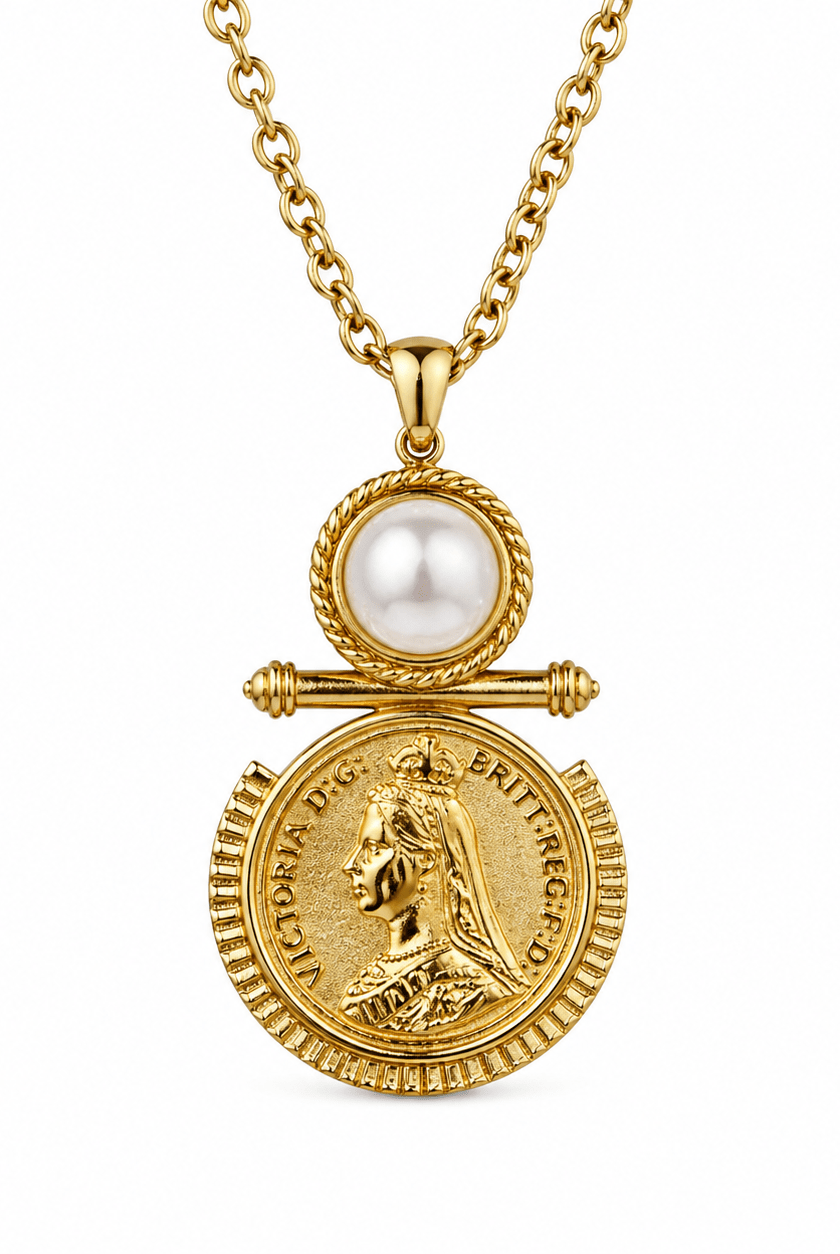 Vintage Queen Victoria Pearl Coin Necklace | Water - Resistant Gold Jewelry - Bella Blossom Boutique