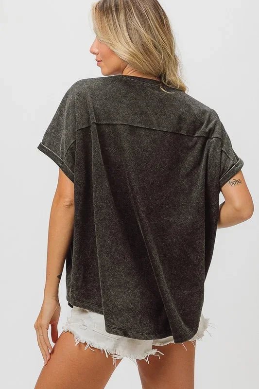 Vintage Sparkle: Sequin Baseball Washed Graphic Tee - Bella Blossom Boutique