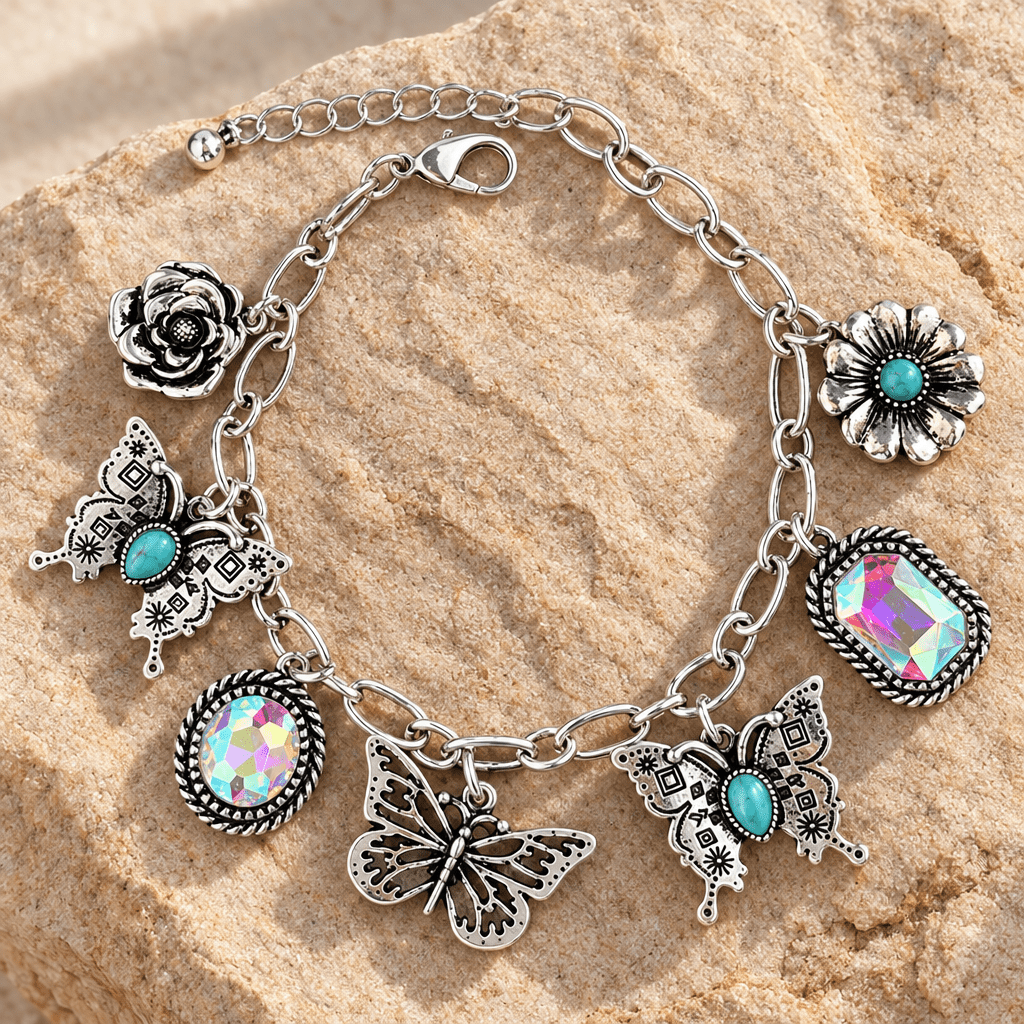 Western Charm Bracelet-Turquoise & Rhinestone - Bella Blossom Boutique