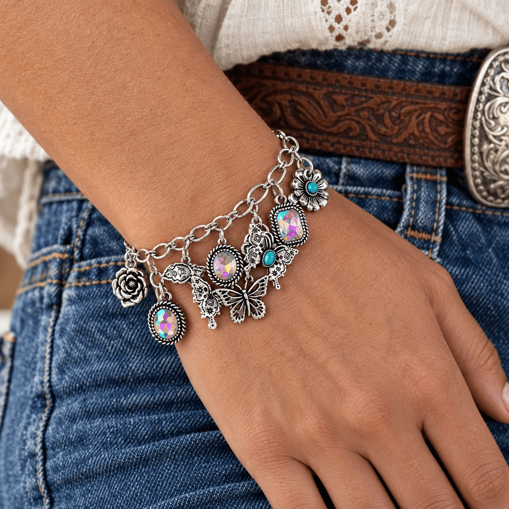 Western Charm Bracelet-Turquoise & Rhinestone - Bella Blossom Boutique