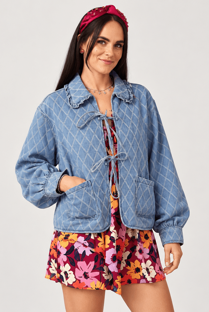 Whimsical Ruffle Quilted Denim Tie-Front Jacket - Bella Blossom Boutique