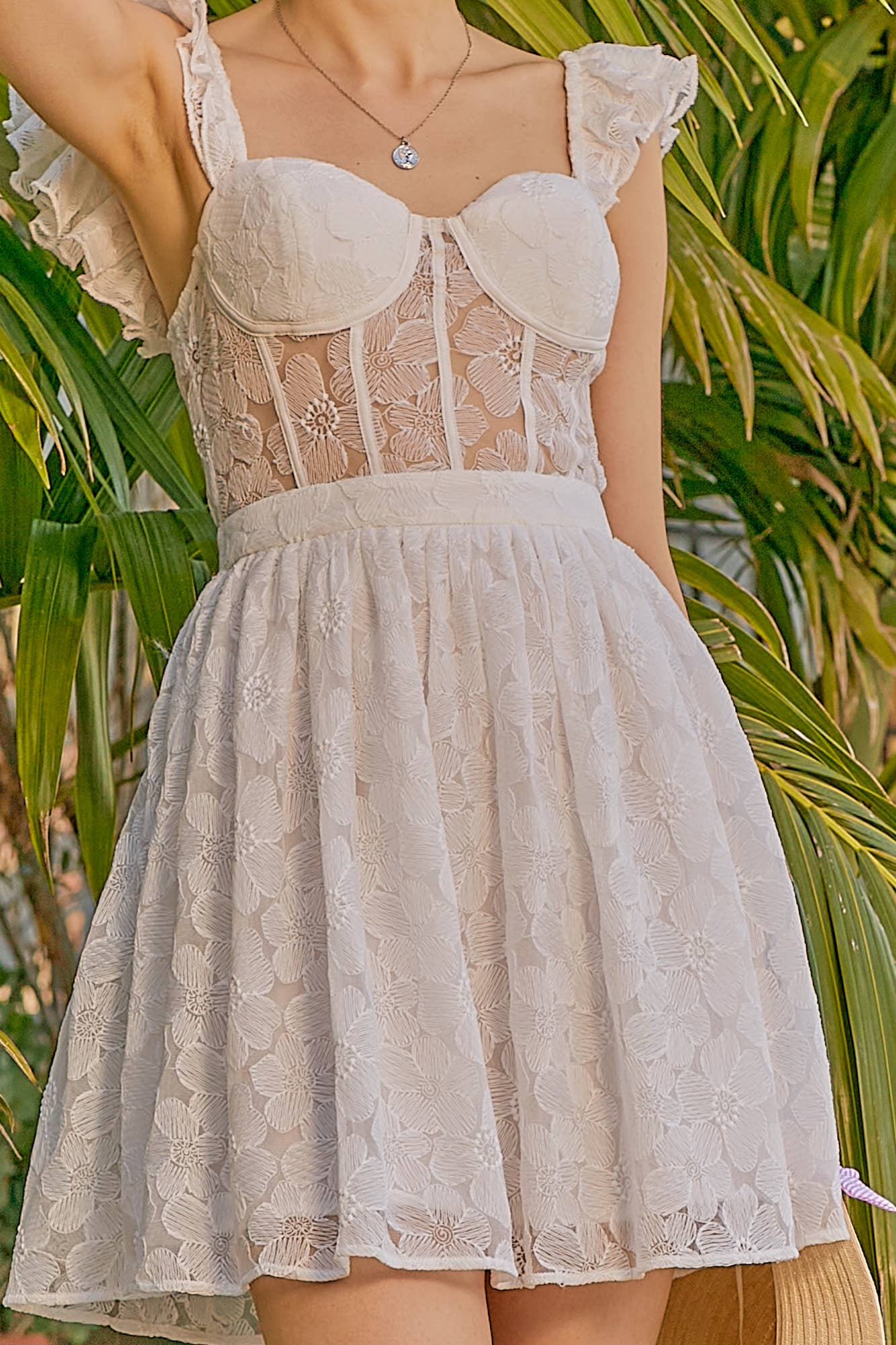 White Lace Ruffle Shoulder Bustier Mini Dress - Bella Blossom Boutique