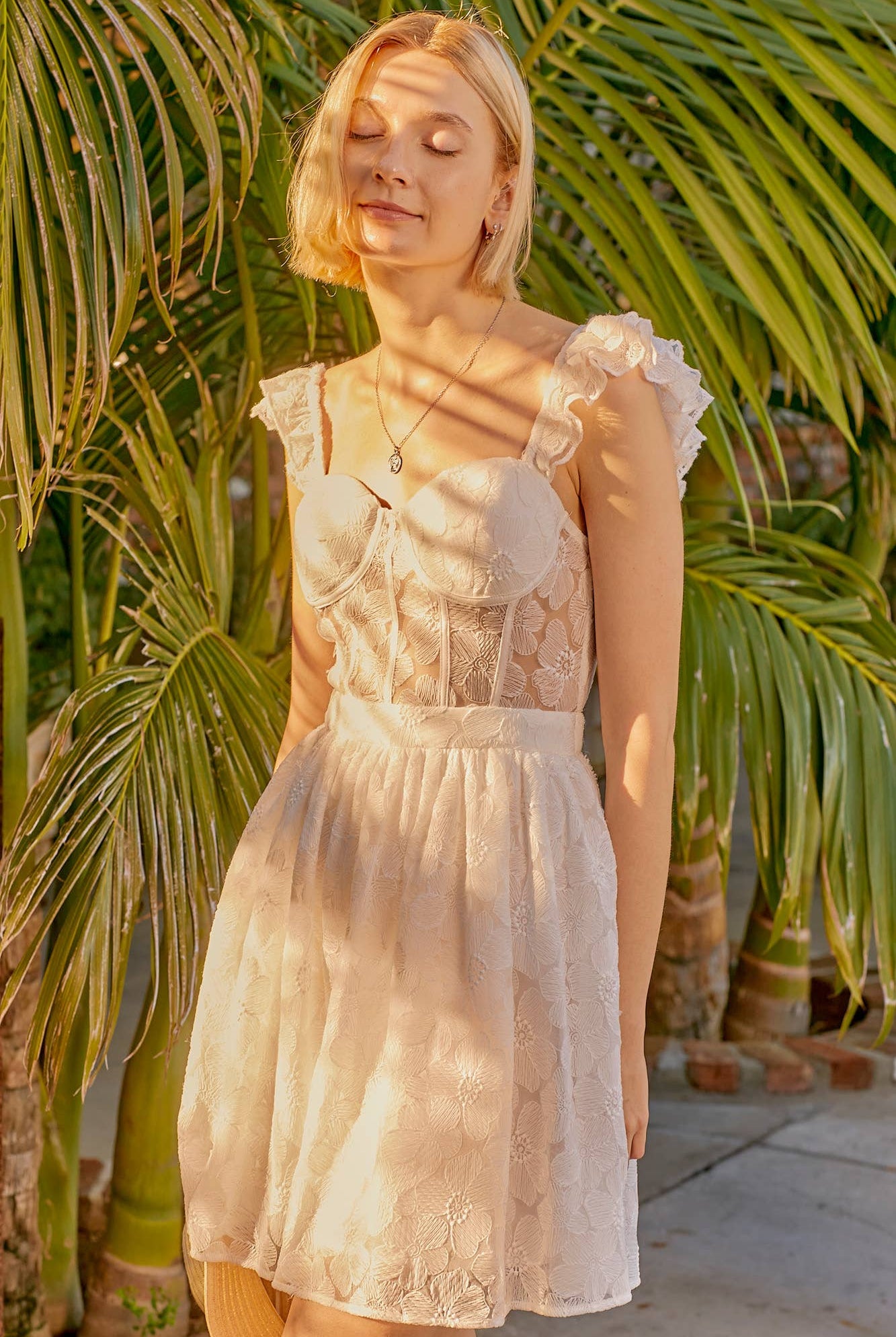 White Lace Ruffle Shoulder Bustier Mini Dress - Bella Blossom Boutique