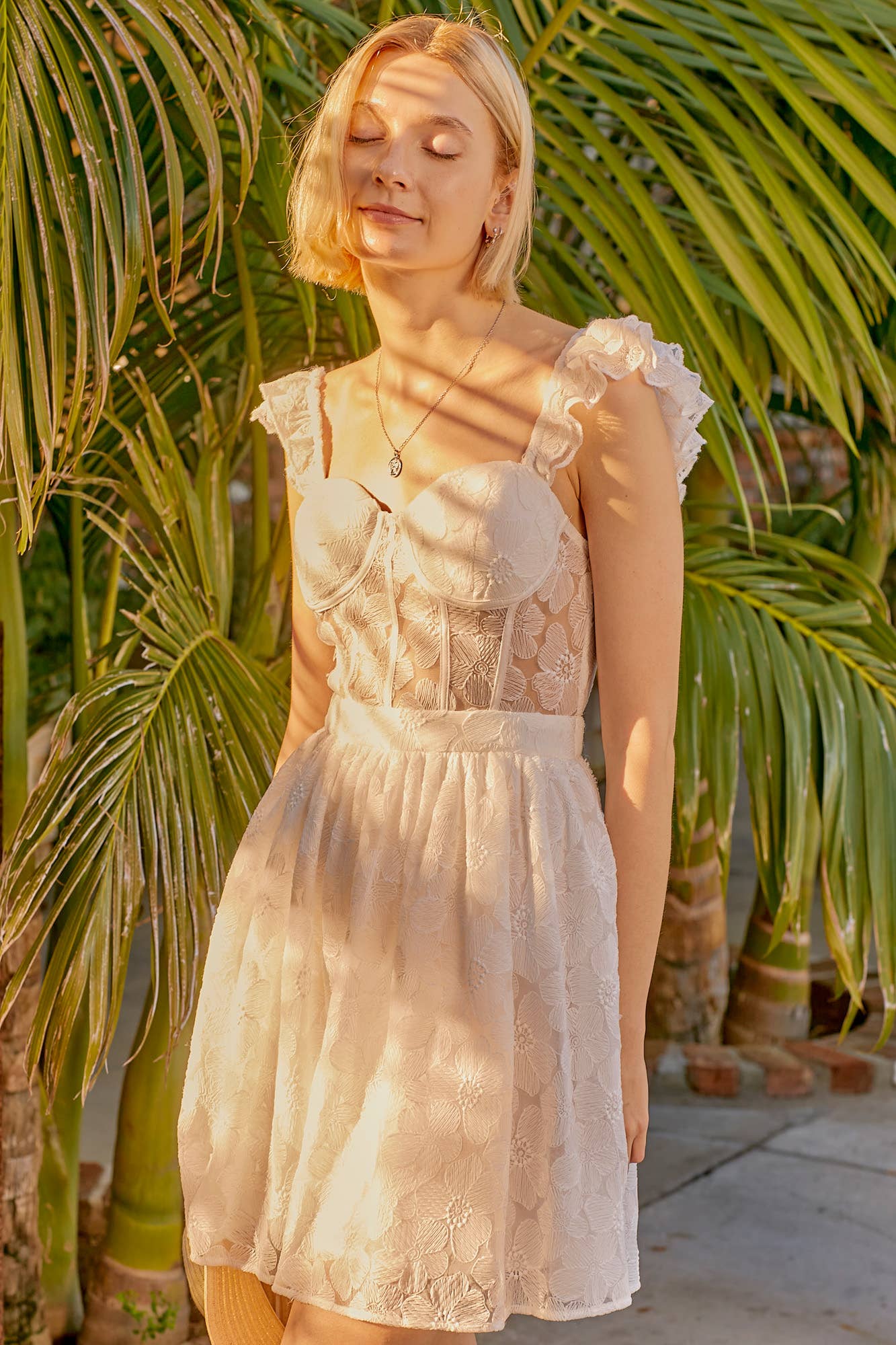 White Lace Ruffle Shoulder Bustier Mini Dress - Bella Blossom Boutique