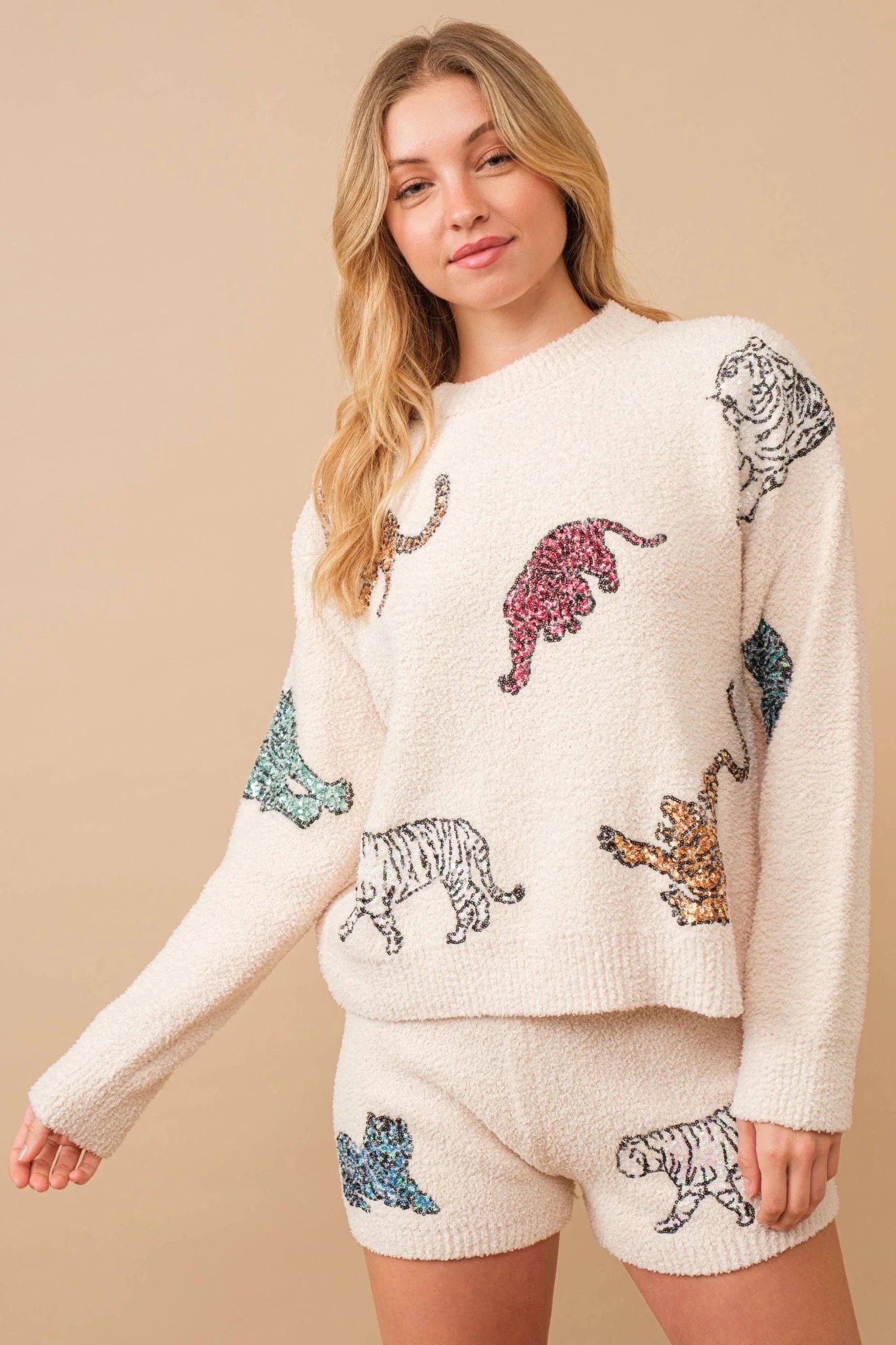 Wild & Cozy: Multi Tiger Sequin Plush Lounge Set - Bella Blossom Boutique