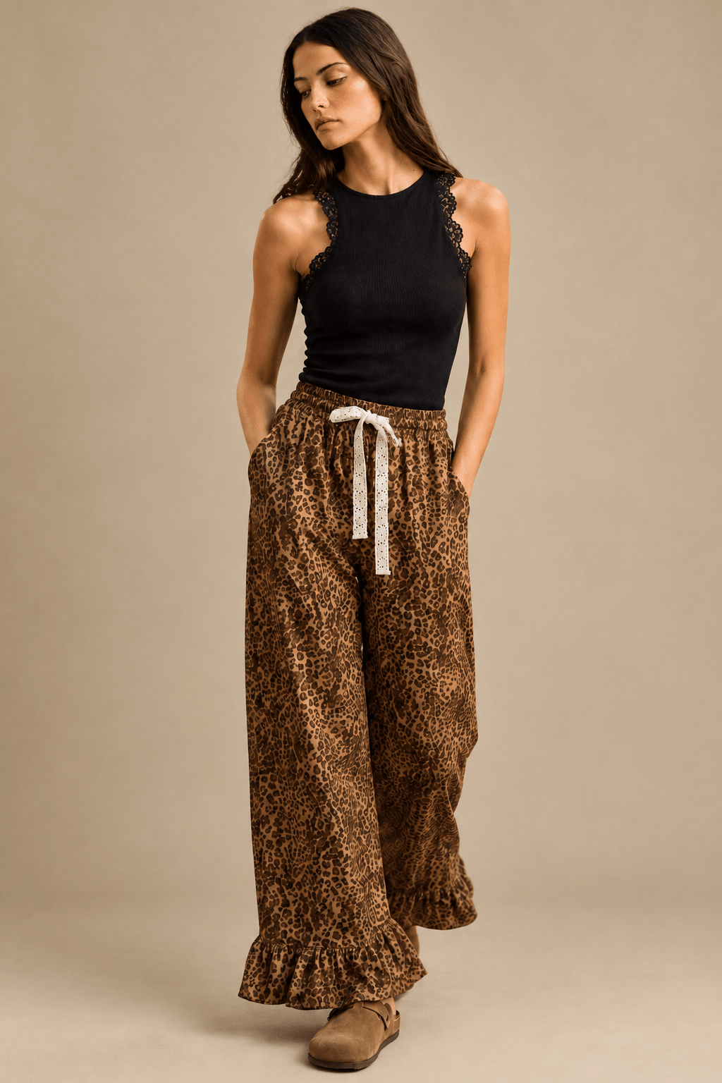 Wild Heart Leopard Ruffle Hem Wide-Leg Pants - Bella Blossom Boutique