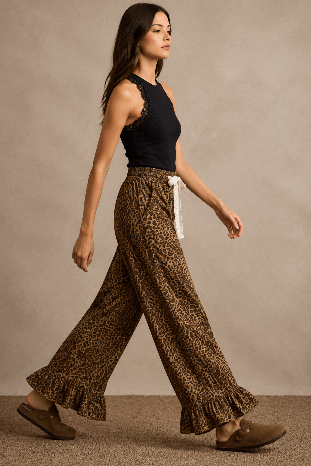 Wild Heart Leopard Ruffle Hem Wide-Leg Pants - Bella Blossom Boutique