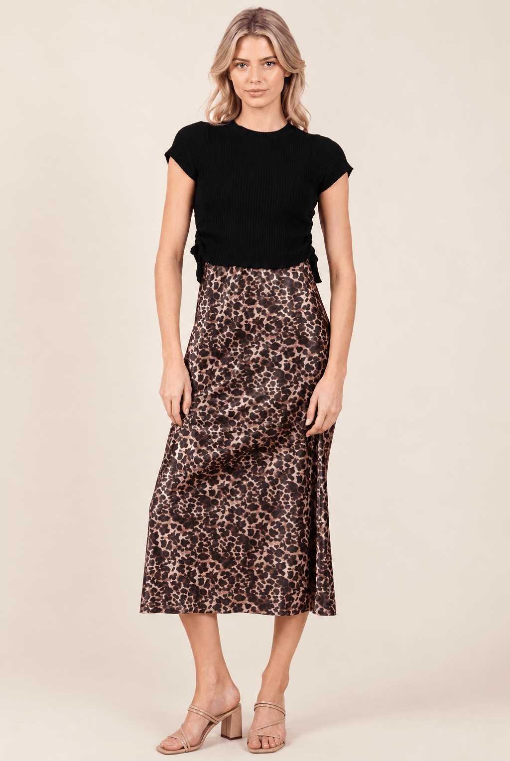 Wild Side Leopard Print 2-Piece Satin Midi & Ribbed Knit Set - Bella Blossom Boutique