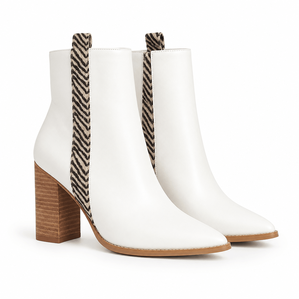 Wild Side: Zebra-Accent White Pointed-Toe Booties - Bella Blossom Boutique
