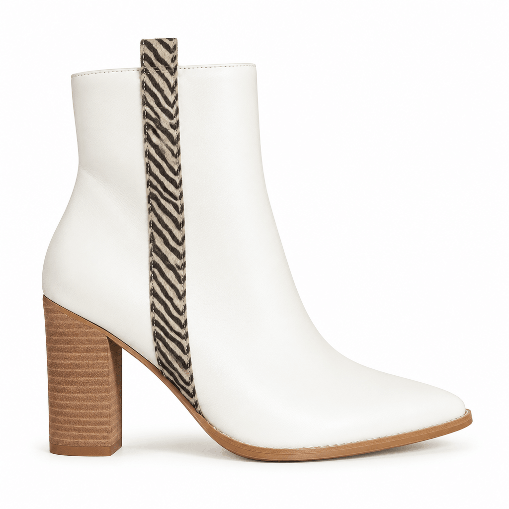 Wild Side: Zebra-Accent White Pointed-Toe Booties - Bella Blossom Boutique
