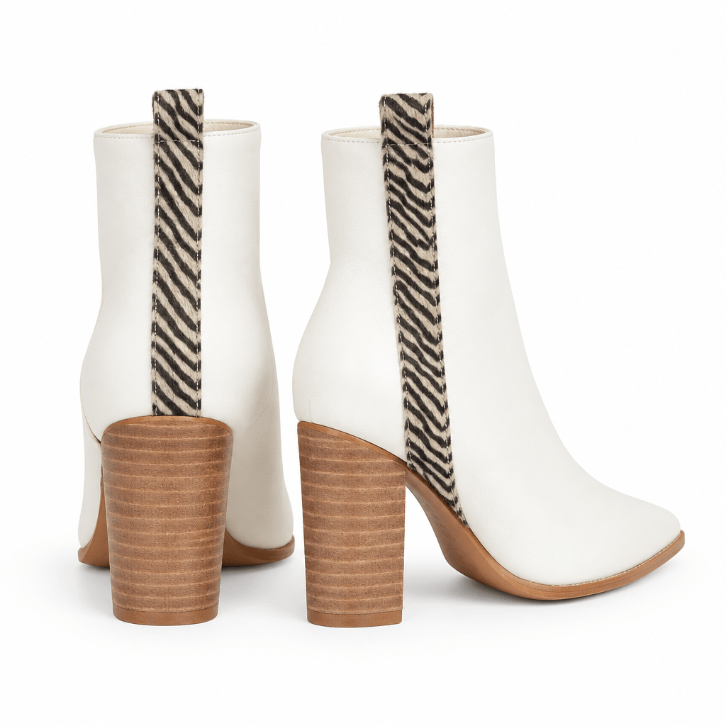 Wild Side: Zebra-Accent White Pointed-Toe Booties - Bella Blossom Boutique