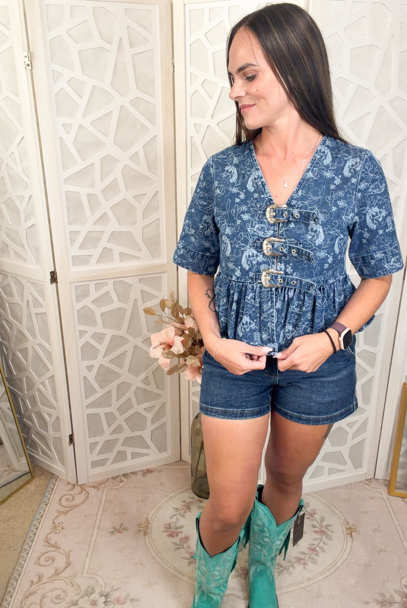 Wild West Buckle Denim Peplum Top - Vintage Horse Print Chic - Bella Blossom Boutique