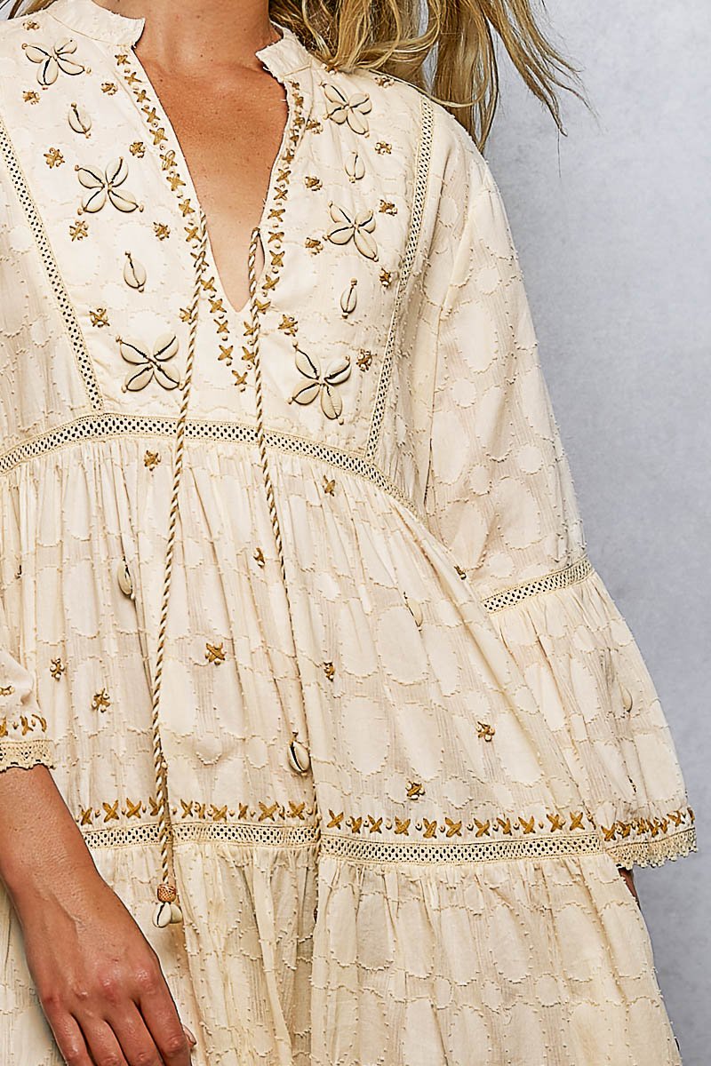 Wildflower Boho Embroidered V - Neck Tassel Mini Dress - Bella Blossom Boutique
