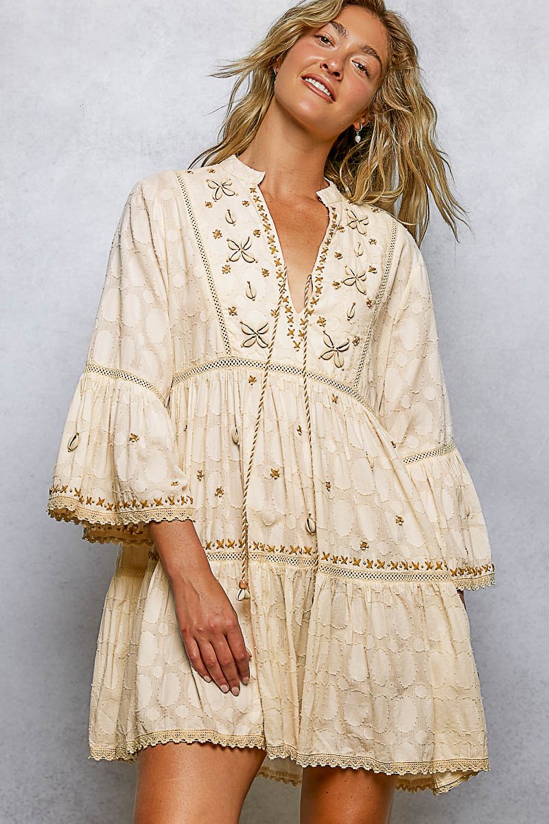 Wildflower Boho Embroidered V - Neck Tassel Mini Dress - Bella Blossom Boutique