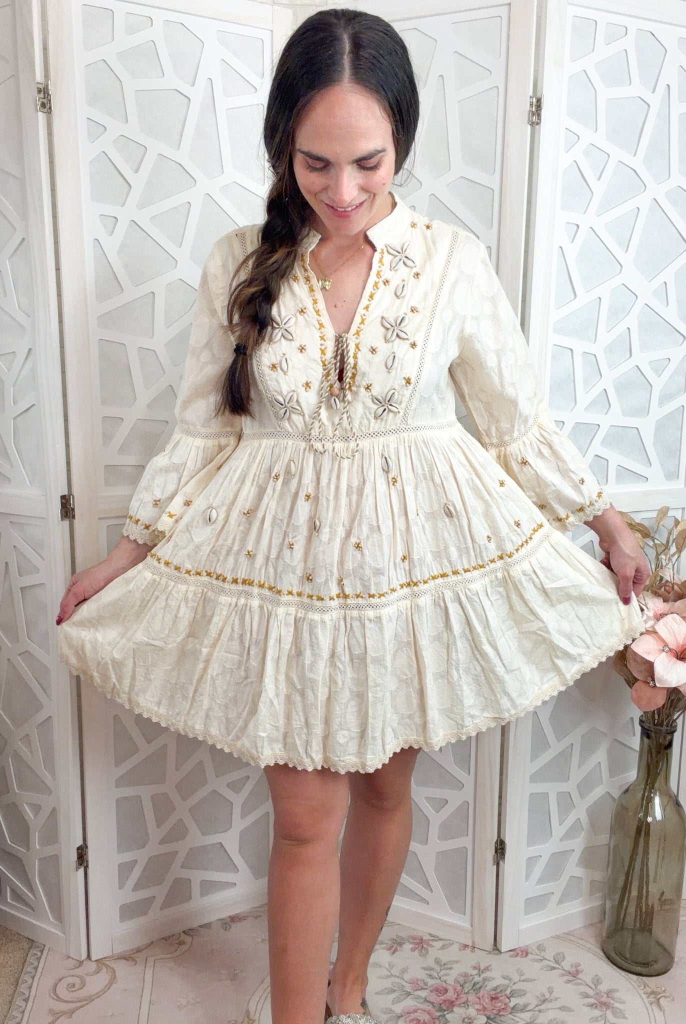 Wildflower Boho Embroidered V - Neck Tassel Mini Dress - Bella Blossom Boutique