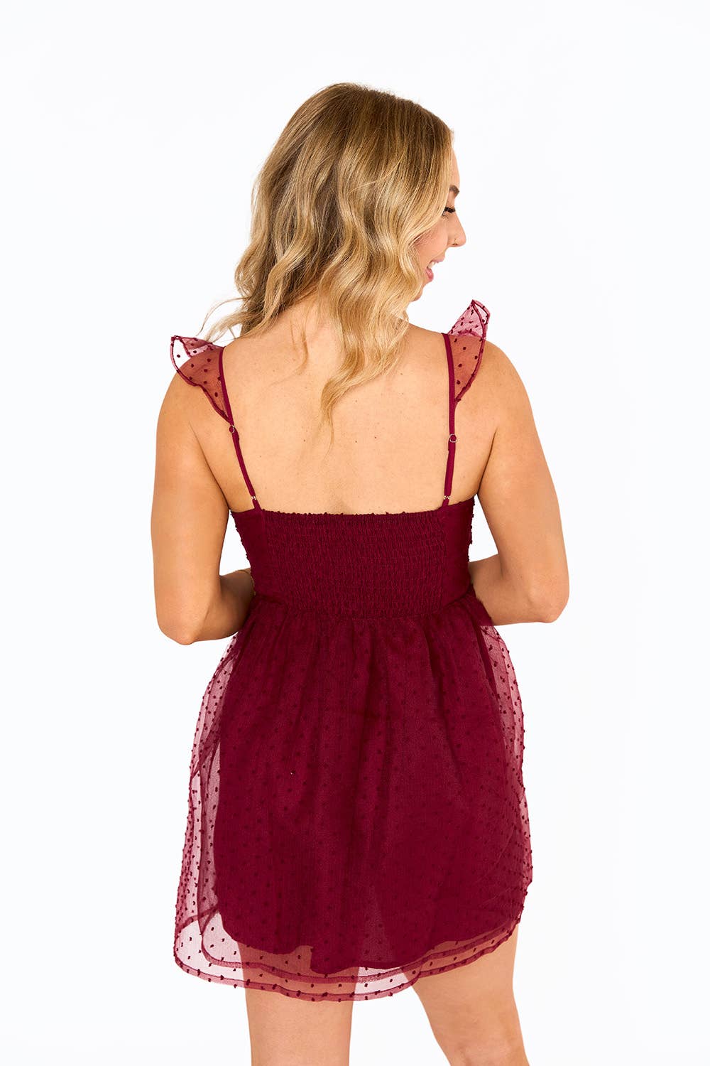 Wine Red Swiss Dot Lace Ruffle Mini Dress - Bella Blossom Boutique