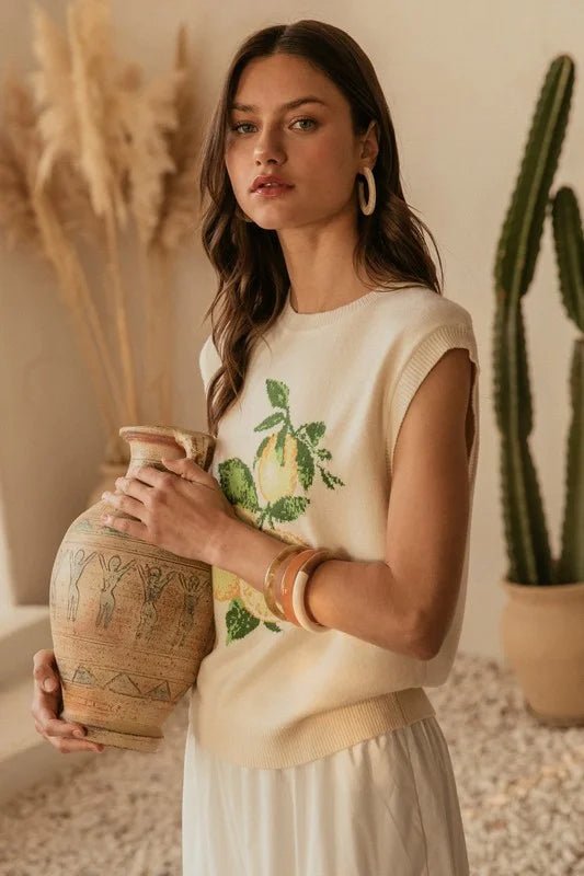 Zesty Citrus Sleeveless Knit Vest – Fresh Lemons Top - Bella Blossom Boutique