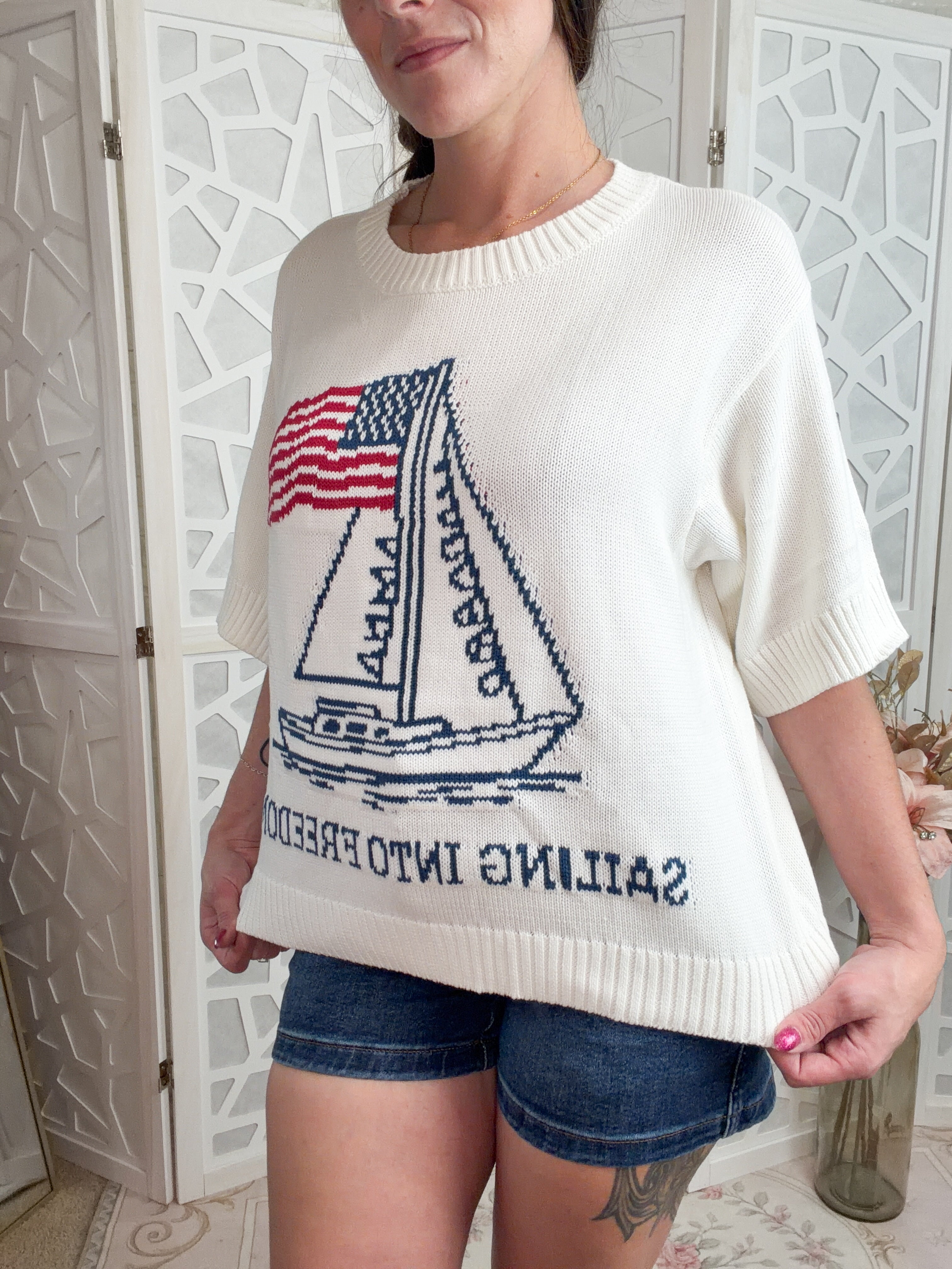 Sailing Into Freedom | USA Patriotic Jacquard Relaxed Sweater - Bella Blossom Boutique