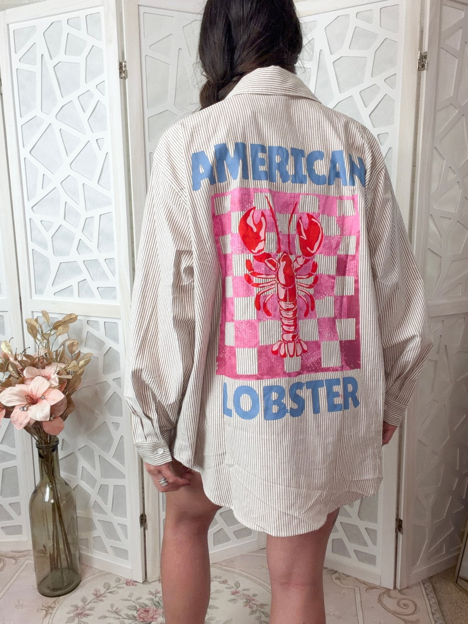 American Lobster Pinstripe Blouse – Nautical 100% Cotton Button - Down - Bella Blossom Boutique