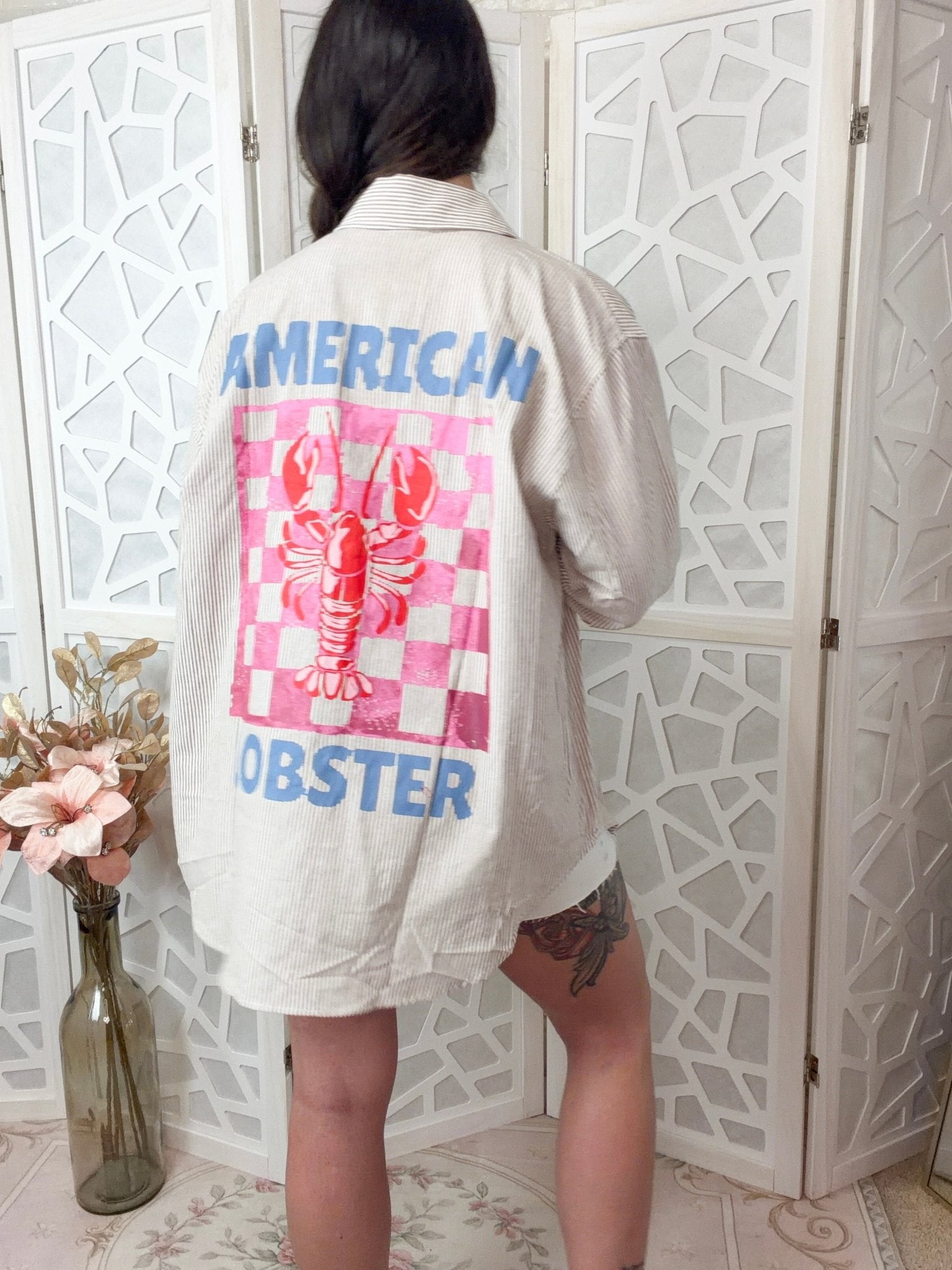 American Lobster Pinstripe Blouse – Nautical 100% Cotton Button - Down - Bella Blossom Boutique
