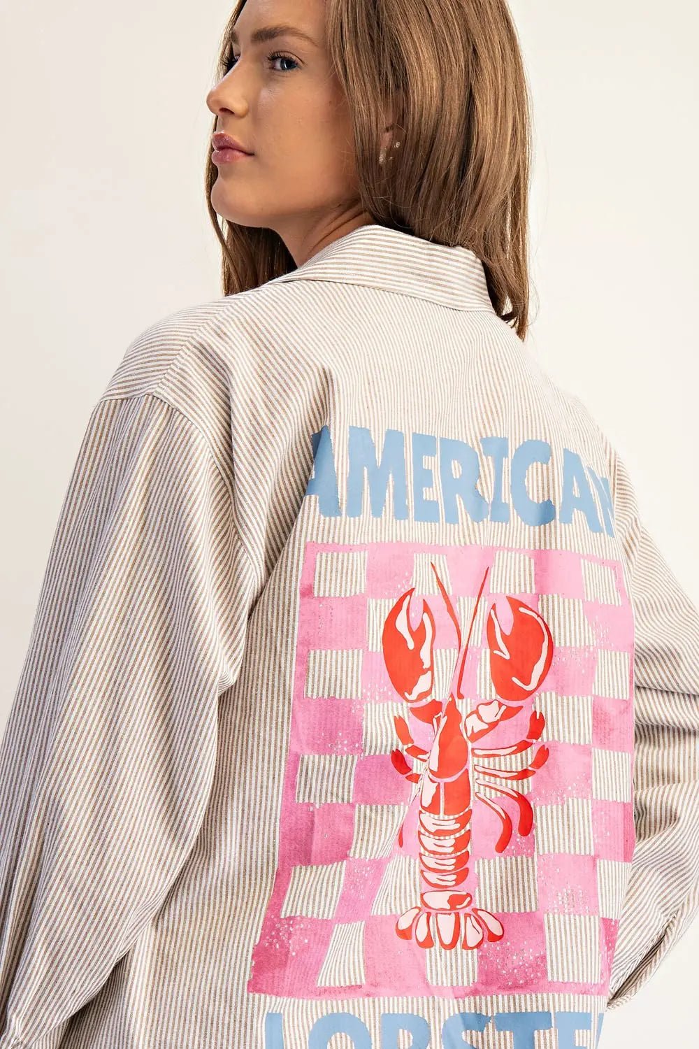 American Lobster Pinstripe Blouse – Nautical 100% Cotton Button - Down - Bella Blossom Boutique