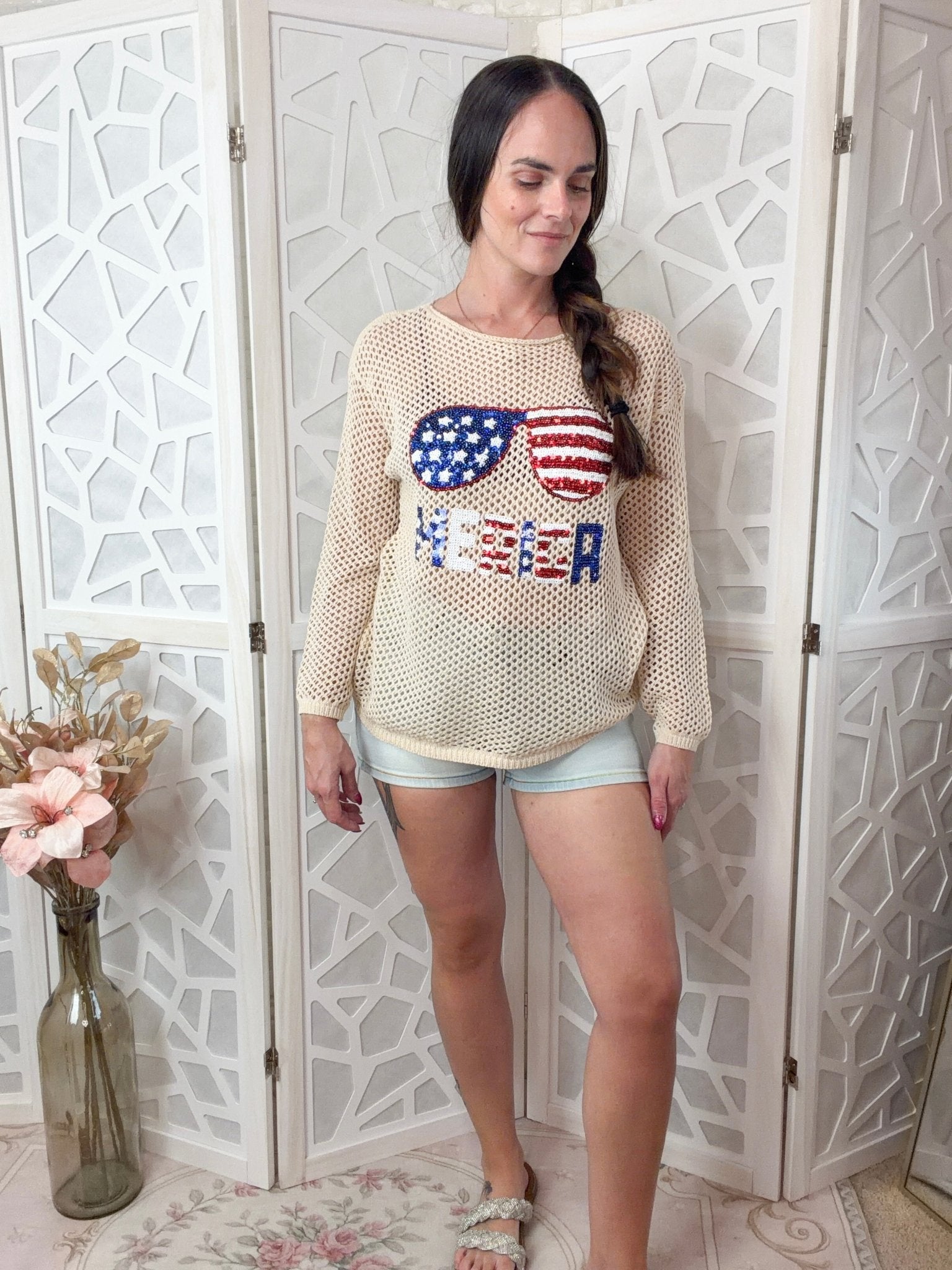 Americana Sequin Crochet Top - Patriotic 4th of July Boho Knit - Bella Blossom Boutique