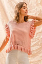 Audrey Ruffle - Trim Boat Neck Knit Sweater - Bella Blossom Boutique