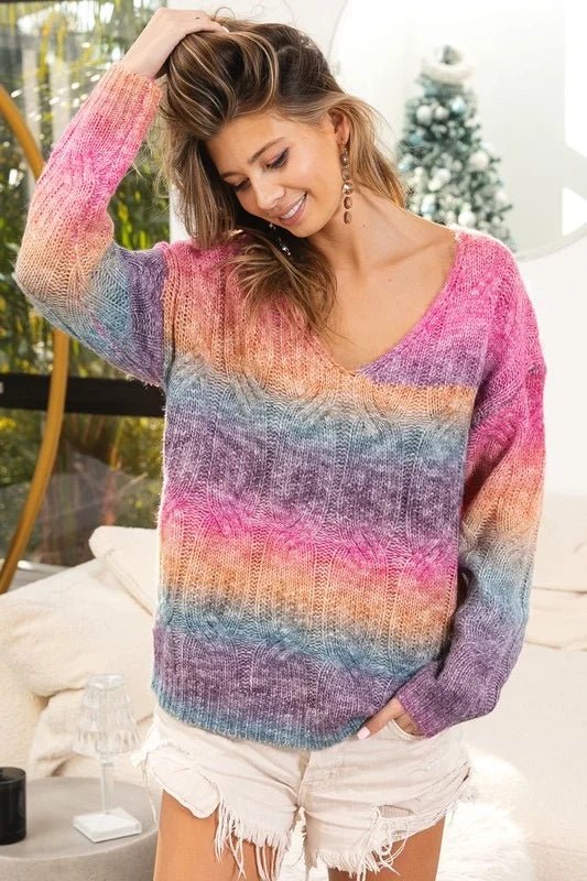 Aura Ombré Cable Knit V - Neck Sweater - Bella Blossom Boutique