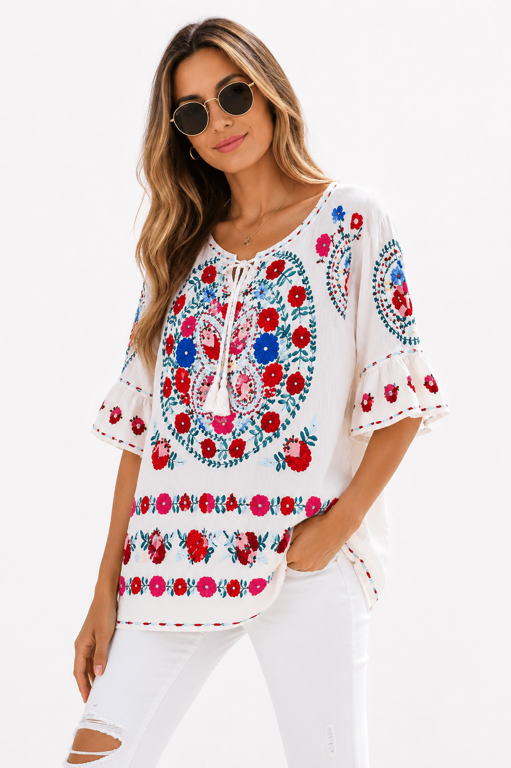 Aurora Boho Floral Embroidered Ruffle Blouse - Bella Blossom Boutique