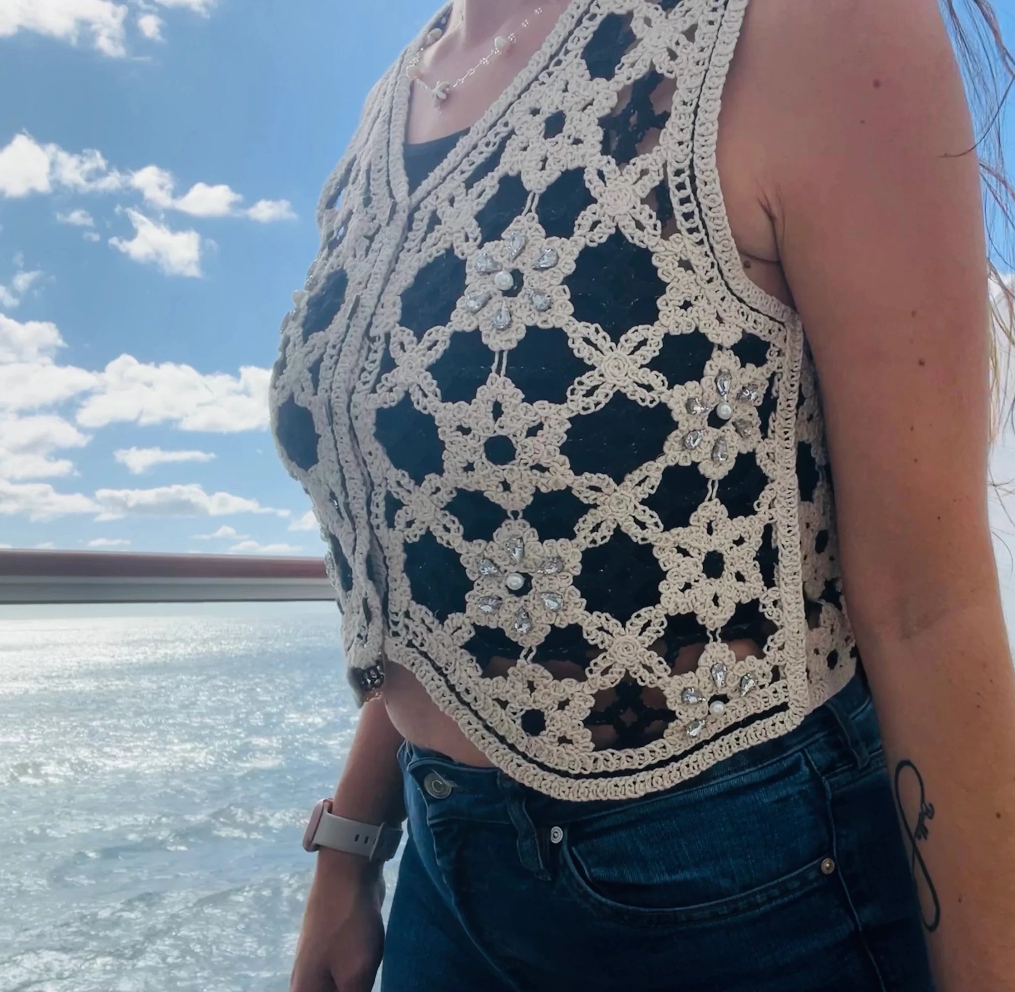 Aurora Vintage Rhinestone Crochet Vest – Boho Floral Layering Top - Bella Blossom Boutique