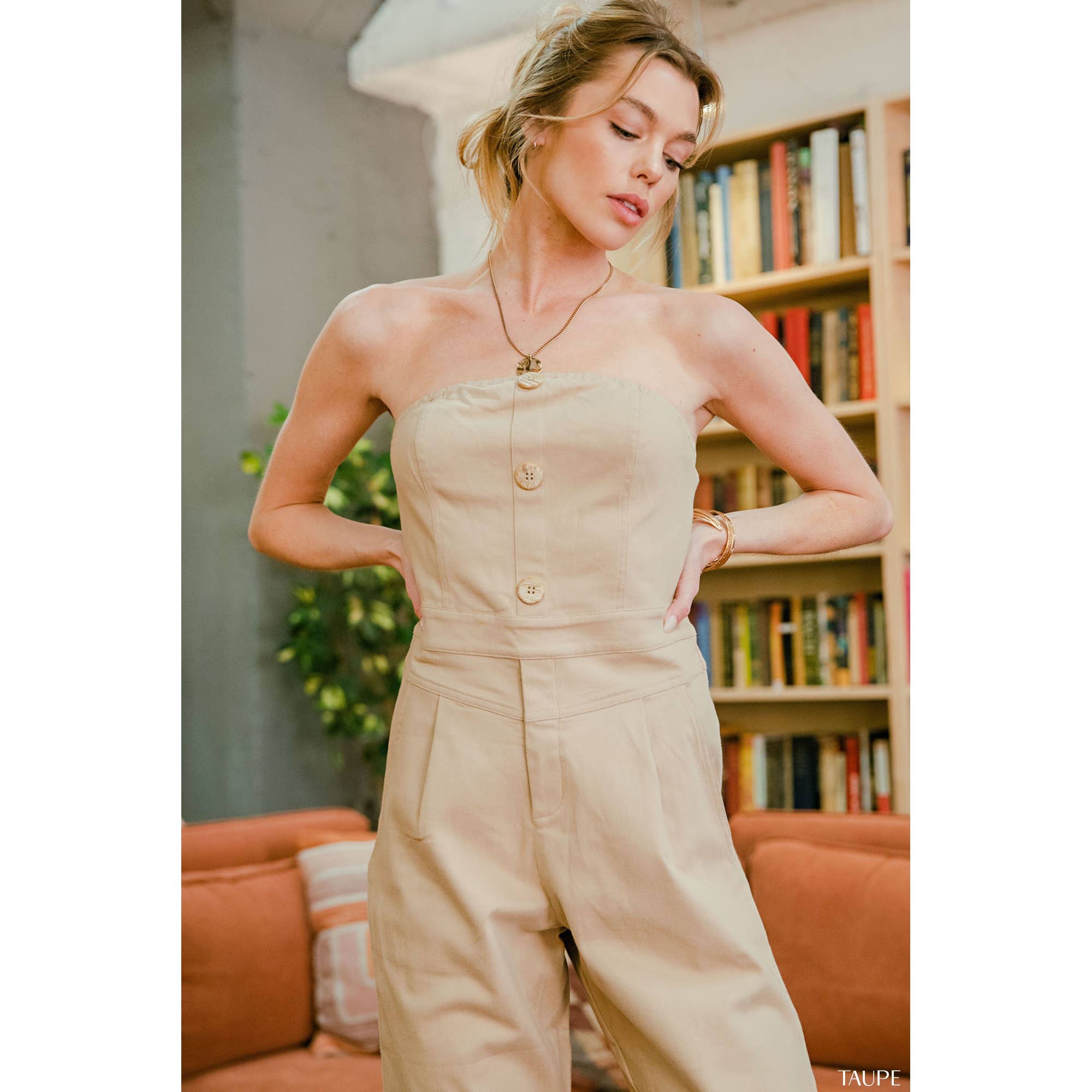 Ava Strapless Button - Front Corduroy Jumpsuit - Bella Blossom Boutique