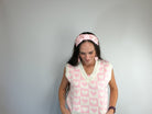 Be Mine Heart Print Knit Sweater Vest – Pink & White Checkered Layering Piece - Bella Blossom Boutique