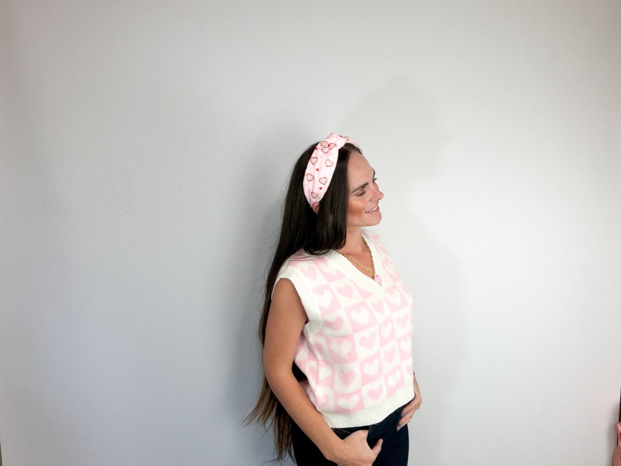 Be Mine Heart Print Knit Sweater Vest – Pink & White Checkered Layering Piece - Bella Blossom Boutique