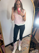 Be Mine Heart Print Knit Sweater Vest – Pink & White Checkered Layering Piece - Bella Blossom Boutique