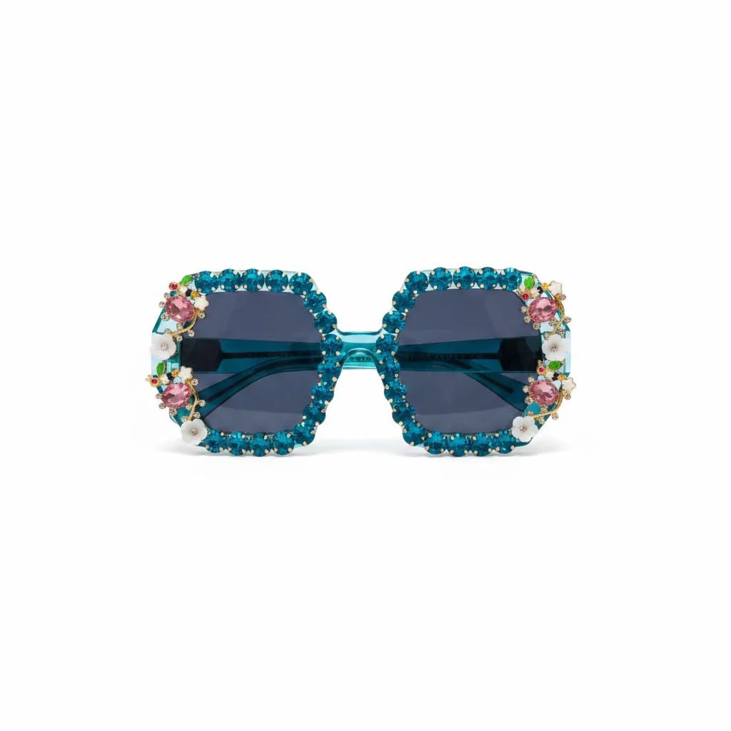 Bling & Bloom: Hand-Embellished Oversized Crystal Floral & Bee Sunglasses - Bella Blossom Boutique