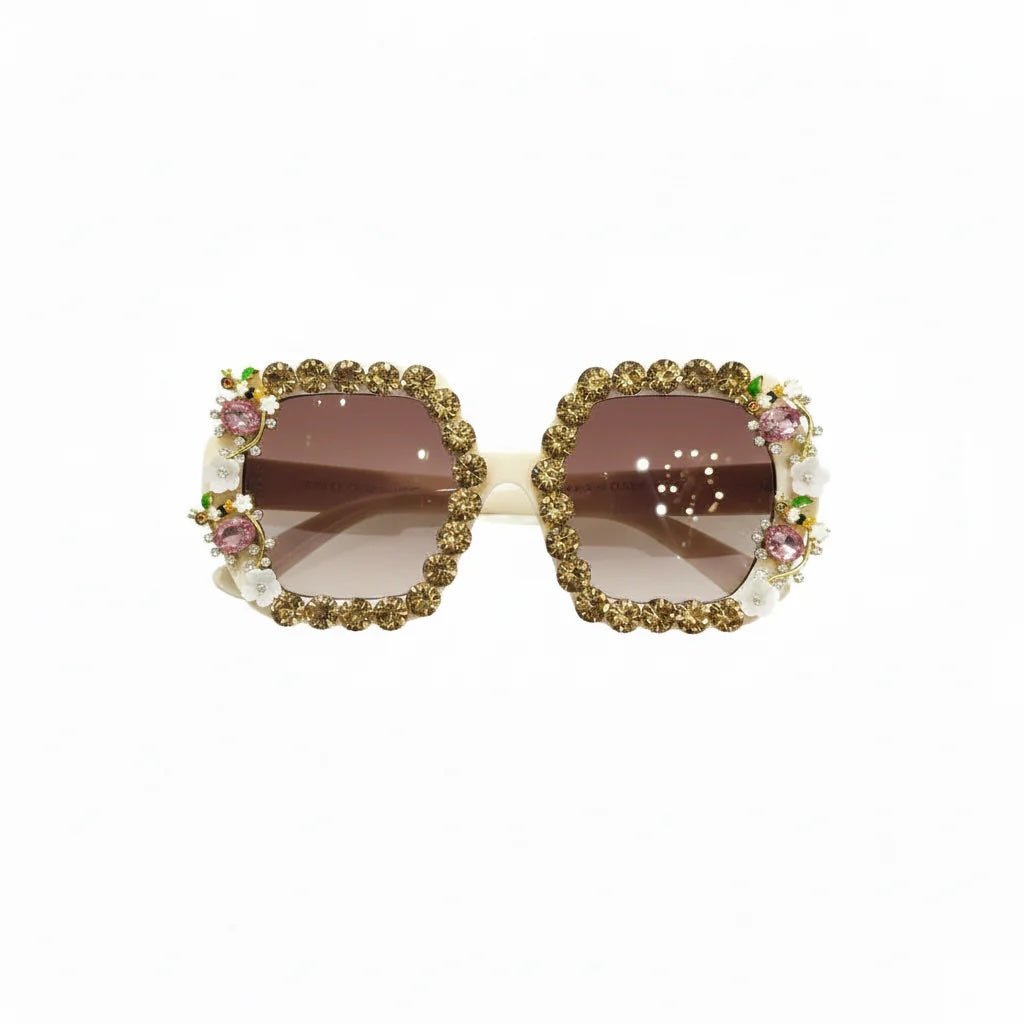 Bling & Bloom: Hand-Embellished Oversized Crystal Floral & Bee Sunglasses - Bella Blossom Boutique