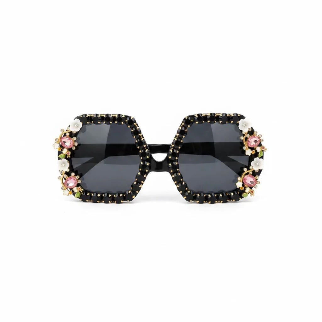 Bling & Bloom: Hand-Embellished Oversized Crystal Floral & Bee Sunglasses - Bella Blossom Boutique