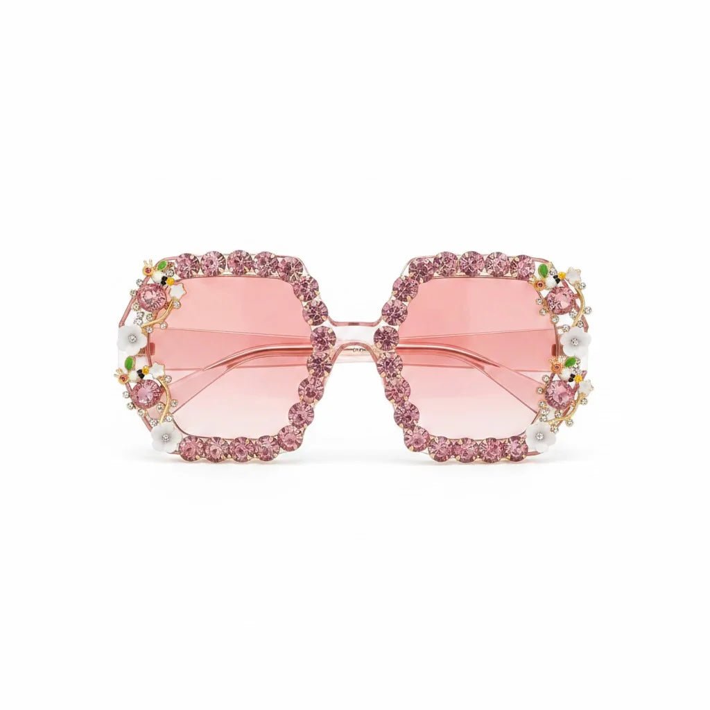 Bling & Bloom: Hand-Embellished Oversized Crystal Floral & Bee Sunglasses - Bella Blossom Boutique