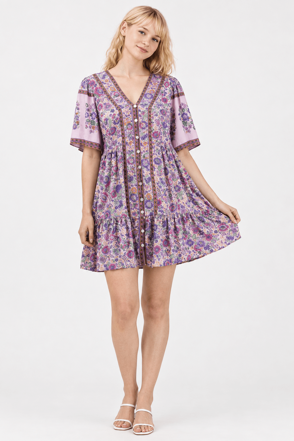 Blushed Purple Shirring Floral Mini Dress - Bella Blossom Boutique