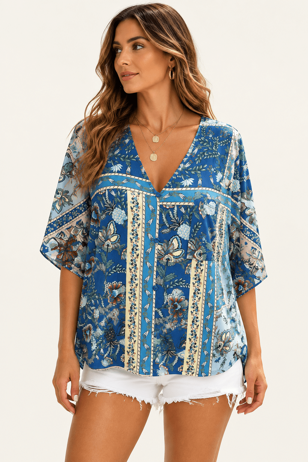 Boho Floral Border Print Blouse - Bella Blossom Boutique