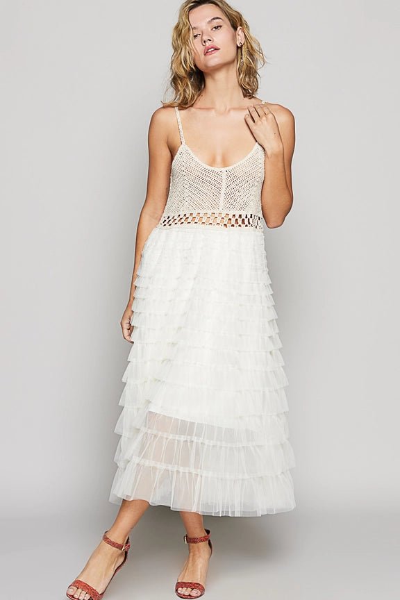 Boho Romance Vintage Crochet Lace Tiered Midi Dress - Bella Blossom Boutique