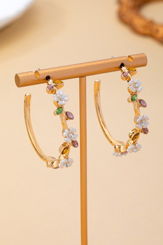 Botanical Bloom: White Enamel & Crystal Gold Hoop Earrings - Bella Blossom Boutique